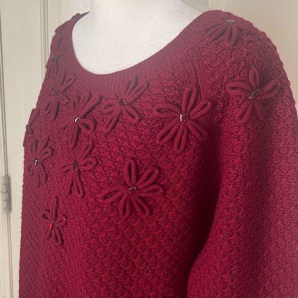 Talbots 100% Merino Wool Holiday Christmas Sweater Embroidered Burgundy Knit - Picture 4 of 9